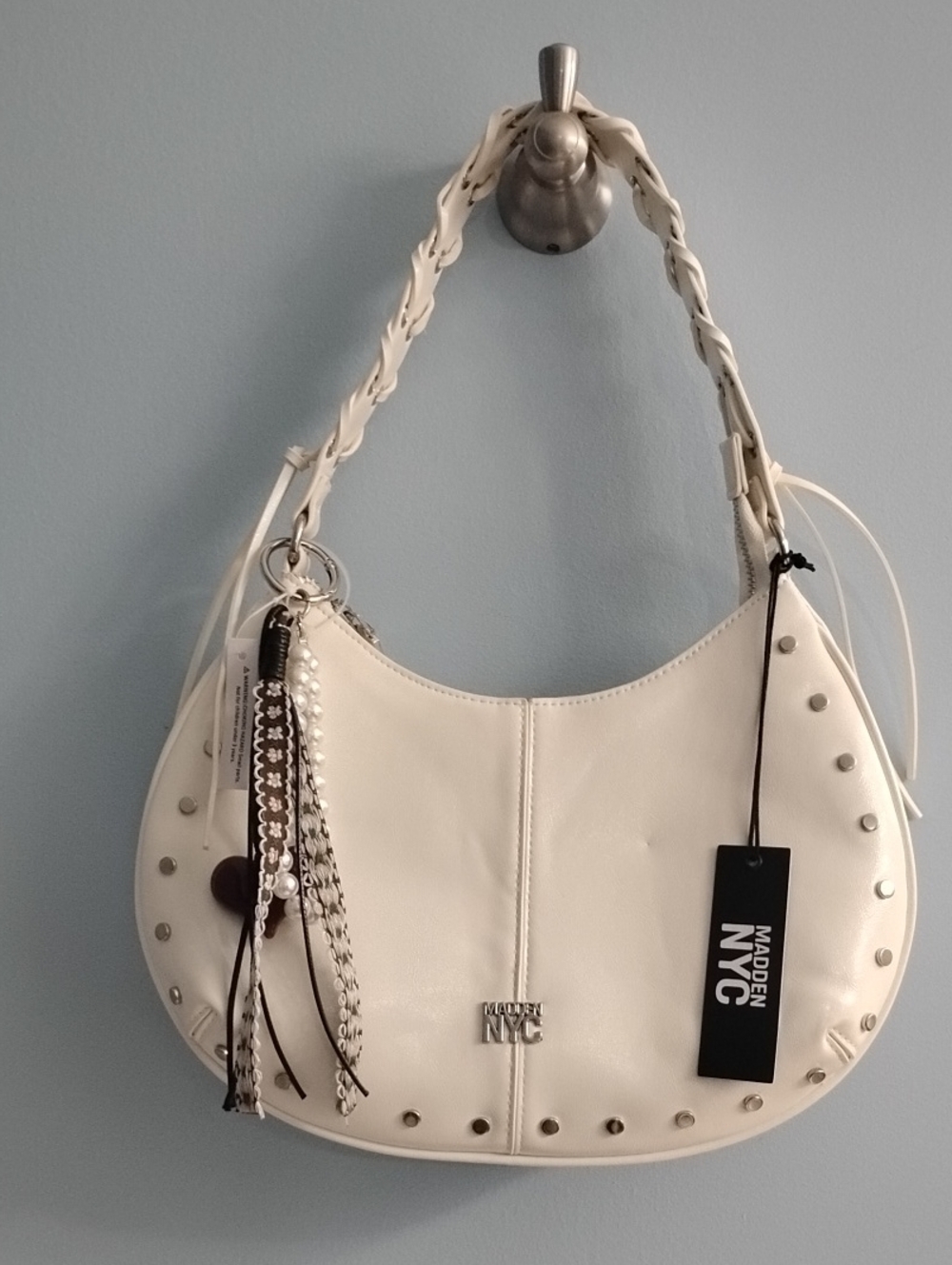 NWT🌹Steve Madden Cream Studded Hobo Bag with Braided Strap